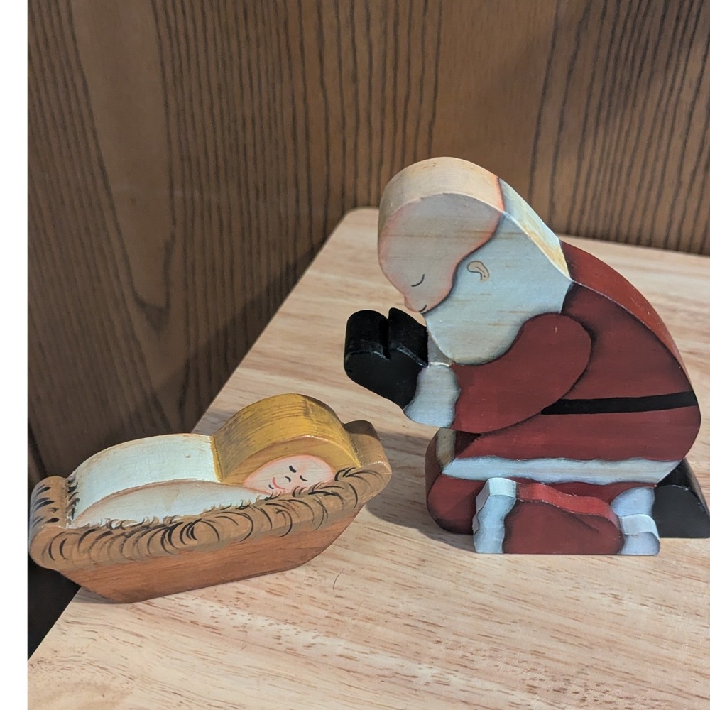 Vintage Hand Painted Wooden Kneeling Praying Santa & Baby Jesus 2pc 1992 Holiday